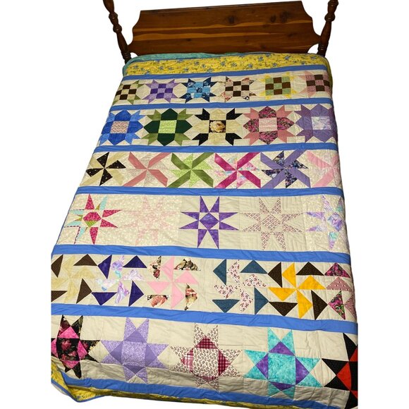 Handcrafted Patchwork Quilt Full Size Star & Yellow Floral Edge  90" x 74" - Picture 1 of 6